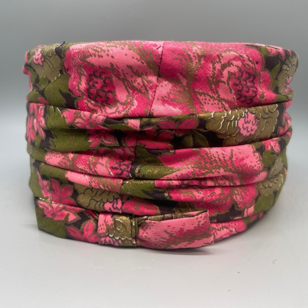 Vintage Pink Floral Pillbox Hat Metallic Gold Olive Green Pleated Bow 1960s